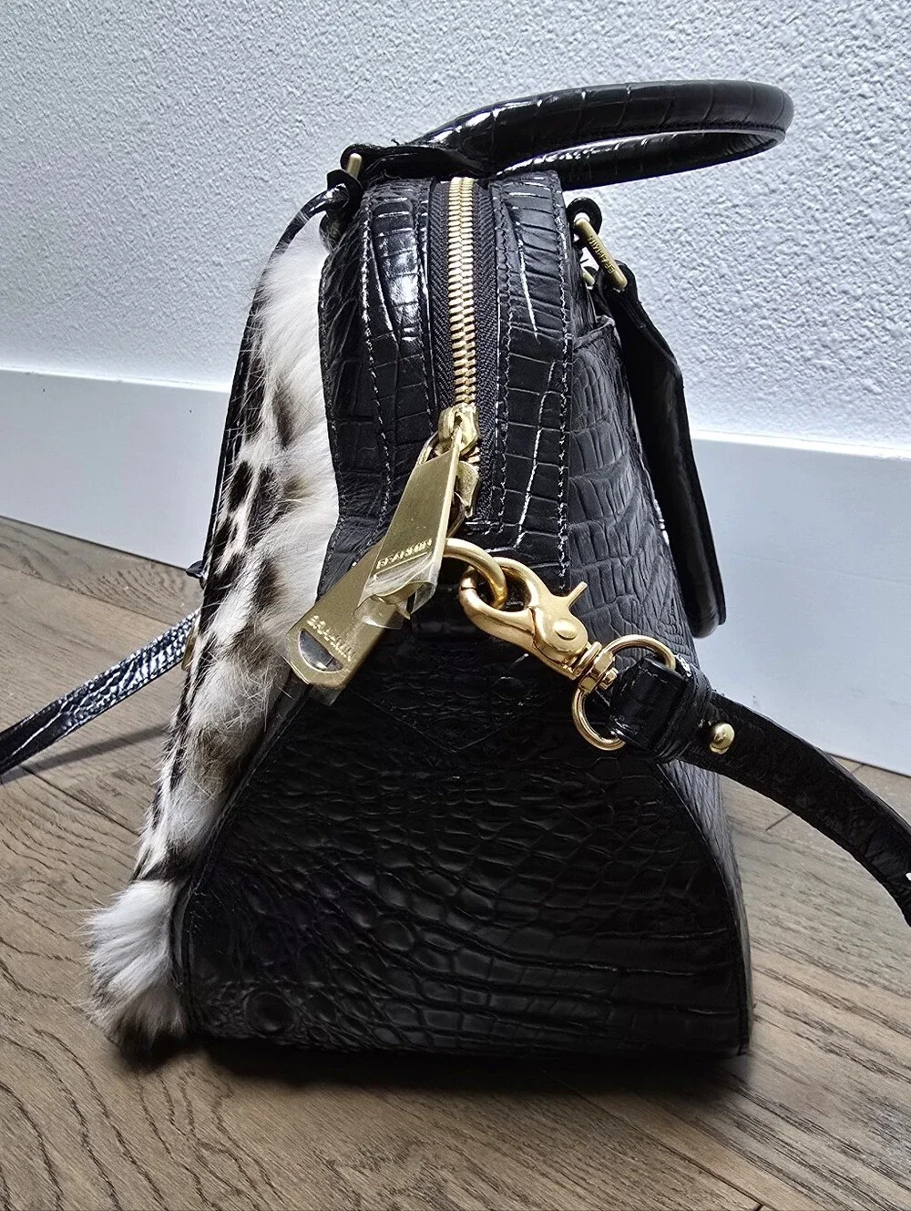 🆕️ Brahmin Hudson Leather Top Handle Satchel in Creme Muse Leopard Rabbit Fur
